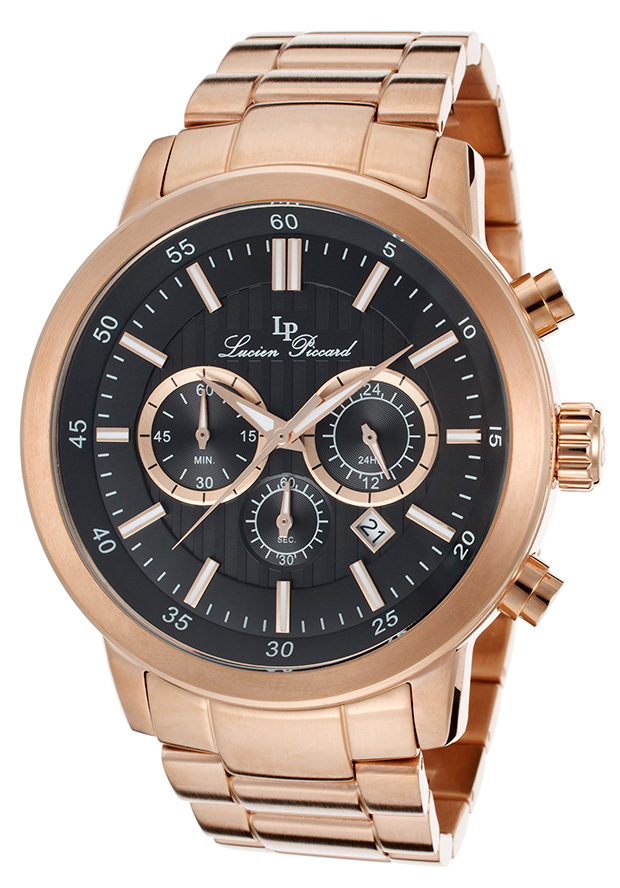 Men's Monte Viso Chrono Black Textured Dial Rose Gold Tone IP Stainless Steel - Lucien Piccard Watch
