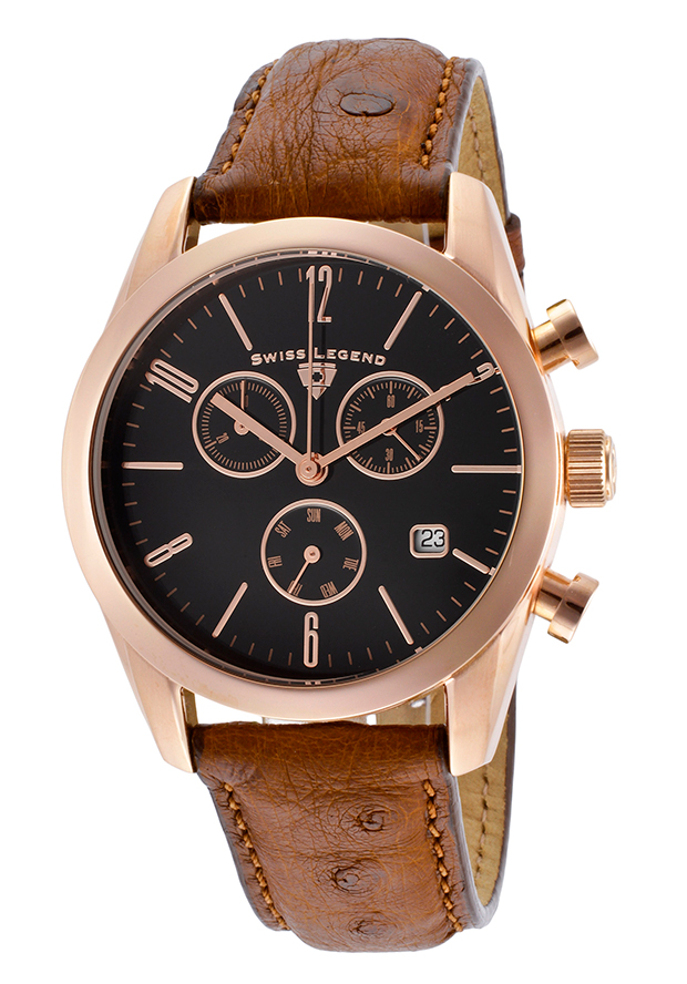 Peninsula Chronograph Light Brown Genuine Ostrich Leather Black Dial - Swiss Legend Watch