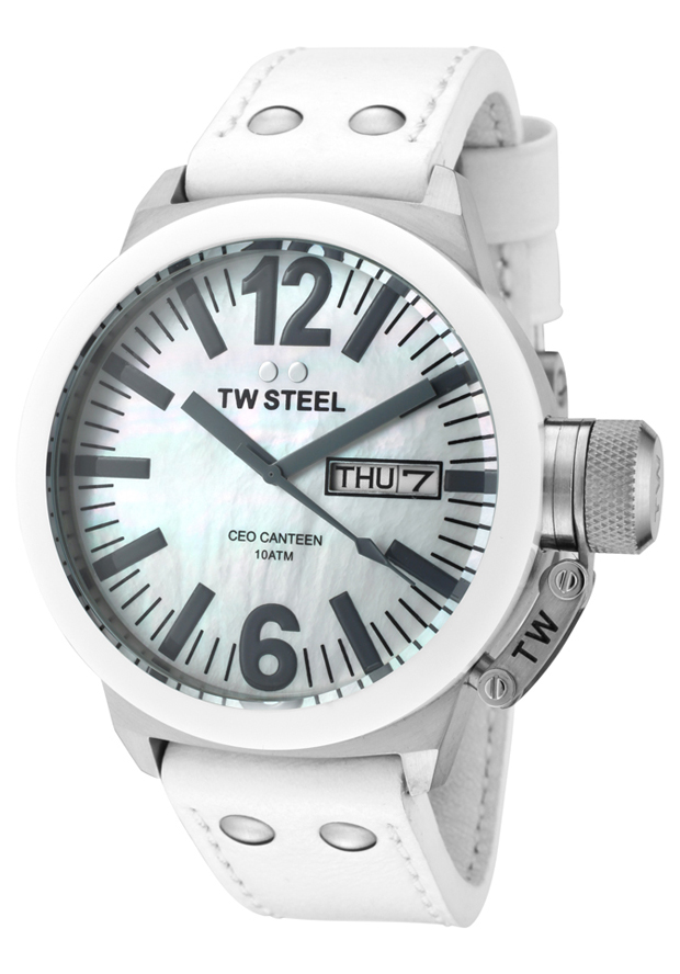 Men's CEO Canteen White Mother Of Pearl Dial White Leather - TW Steel Watch