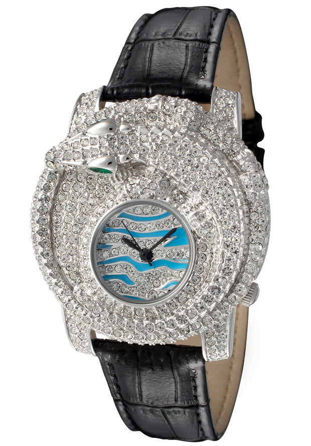 Women's Lizard Design Case Austrian Crystal Black Leather - Croton Watch