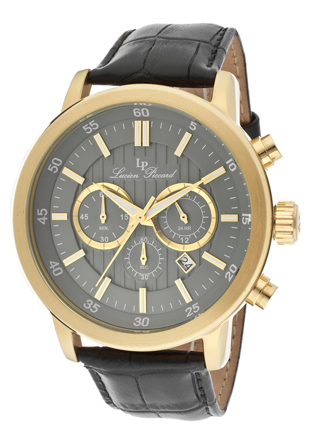 Monte Viso Chrono Black Genuine Leather Grey Dial Gold-Tone Case - Lucien Piccard Watch