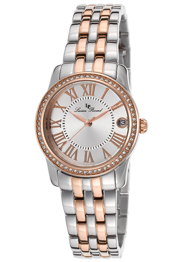 Landes Crystals Two-Tone Steel Bracelet Silver-Tone Dial Rose-Tone Accents - Lucien Piccard Watch