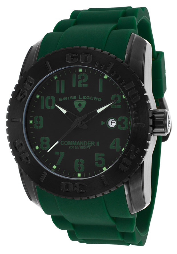 Commander II Green Silicone Black Dial Black IP Steel Bezel - Swiss Legend Watch