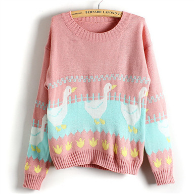 JollyChic Sweet Duck Pattern Round Neck Long Sleeve Knit Sweater
