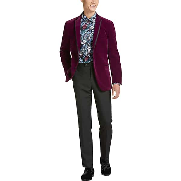 Paisley & Gray Men's Slim Fit Peak Lapel Dinner Jacket Purple Wine Velvet - Size: 42 Regular