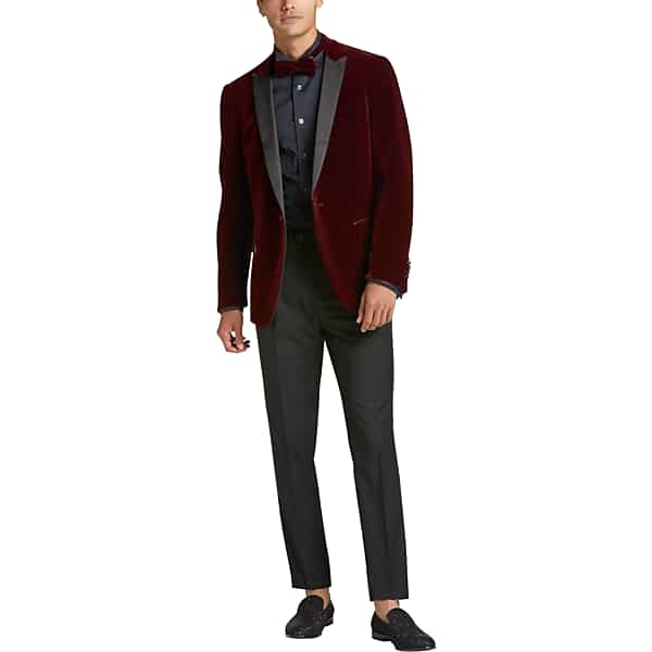 Paisley & Gray Men's Slim Fit Peak Lapel Dinner Jacket Burgundy Red Velvet - Size: 42 Regular