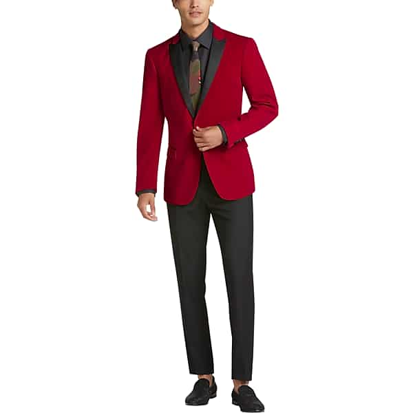 Paisley & Gray Men's Slim Fit Peak Lapel Dinner Jacket Crimson Velvet - Size: 42 Regular