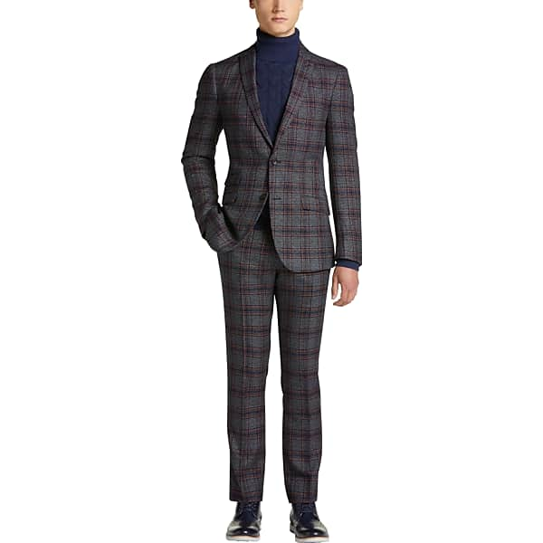 Paisley & Gray Men's Slim Fit Suit Separates Coat Navy & Burgundy Red Plaid - Size: 44 Regular