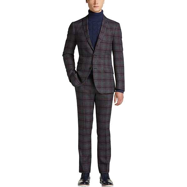 Paisley & Gray Men's Slim Fit Suit Separates Coat Navy & Burgundy Red Plaid - Size: 40 Regular