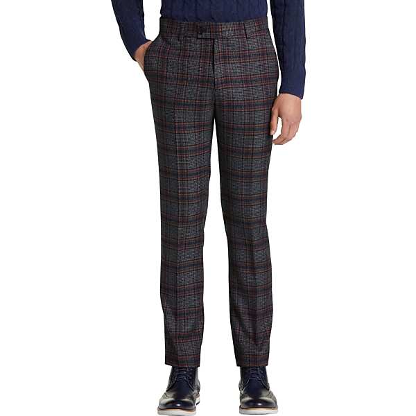 Paisley & Gray Men's Slim Fit Suit Separates Pants Navy & Burgundy Red Plaid - Size: 28