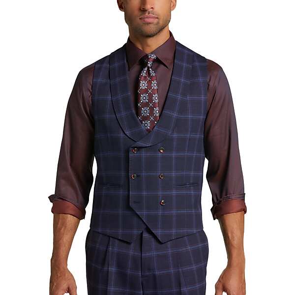Tayion Men's Classic Fit Suit Separates Vest Blue & Red Windowpane - Size: Medium