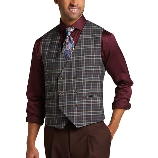 Tayion Men's Suit Classic Fit Separates Vest Gray & Blue Plaid - Size: XL