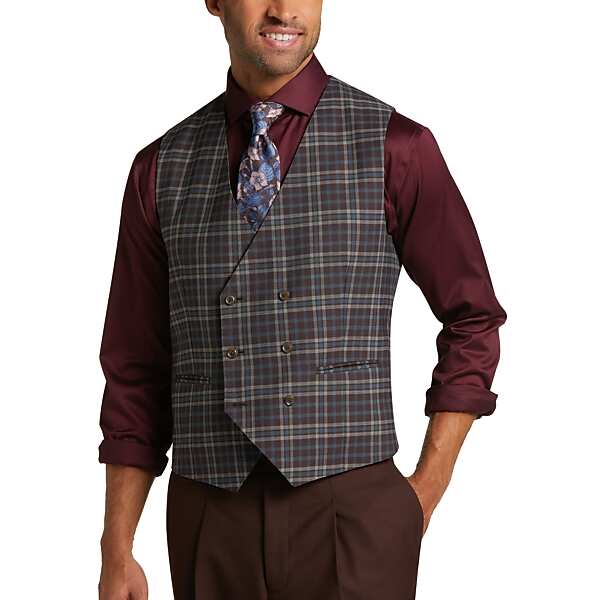 Tayion Men's Suit Classic Fit Separates Vest Gray & Blue Plaid - Size: Large