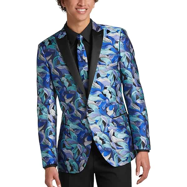 Paisley & Gray Men's Slim Fit Peak Lapel Dinner Jacket Aquamarine Floral Jacquard - Size: 36 Regular