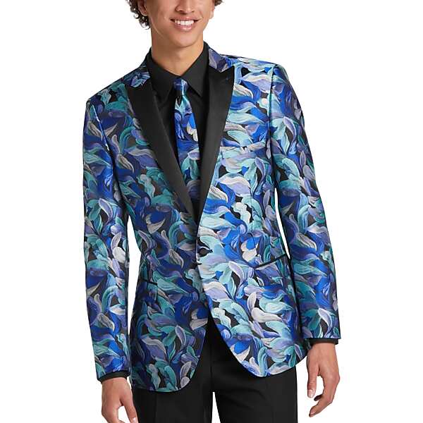 Paisley & Gray Men's Slim Fit Peak Lapel Dinner Jacket Aquamarine Floral Jacquard - Size: 40 Regular