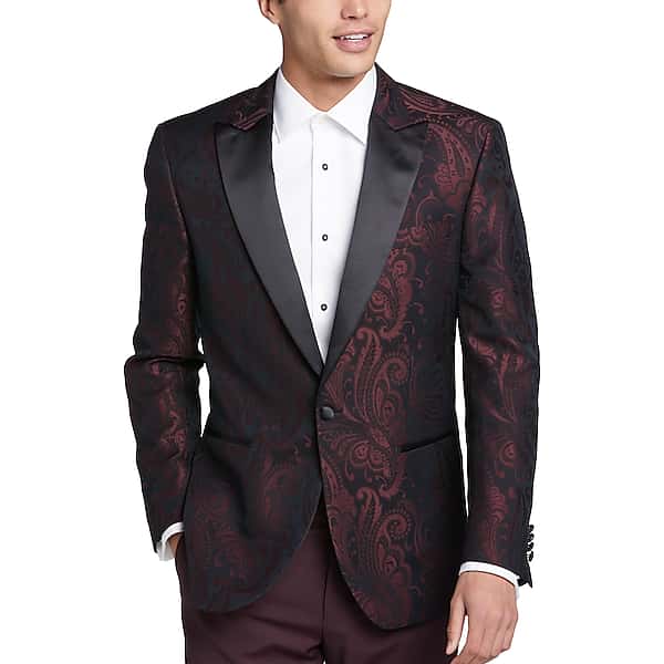 Egara Men's Slim Fit Peak Lapel Dinner Jacket Burgundy Red Jacquard - Size: 44 Short