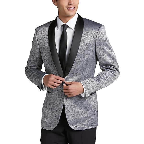 Egara Men's Slim Fit Shawl Lapel Dinner Jacket Silver Jacquard - Size: 42 Short