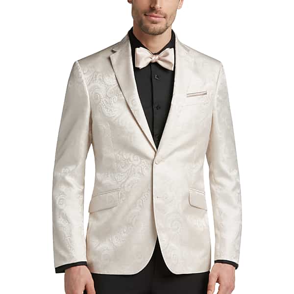 Egara Men's Jacquard Slim Fit Dinner Jacket Cream - Size: 38 Regular