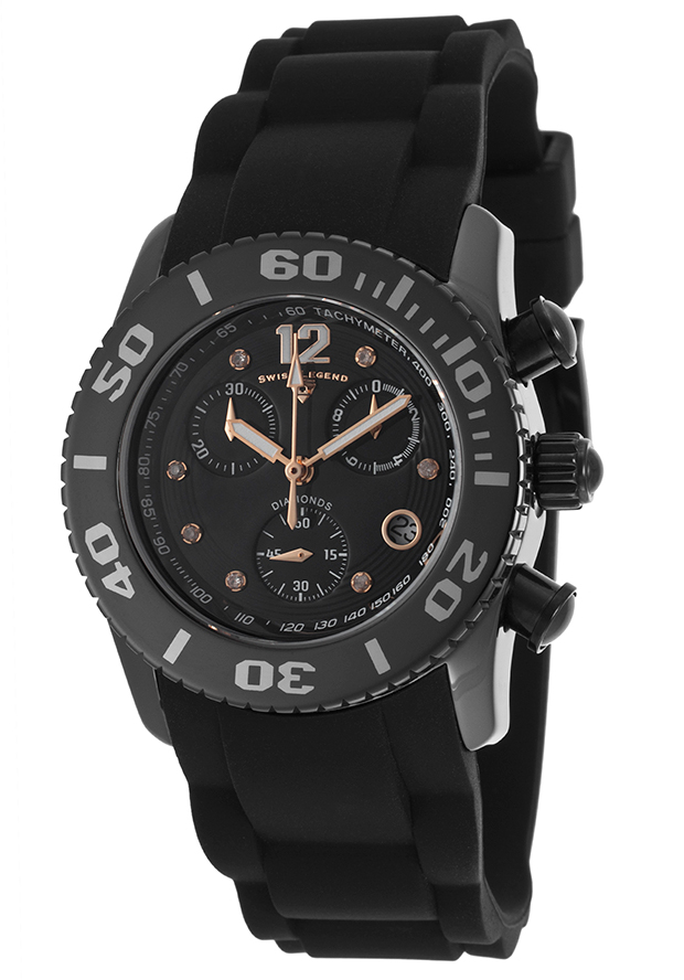 Commander Diamonds Chronograph Black Silicone and Dial Rose-Tone 37mm - Swiss Legend Watch