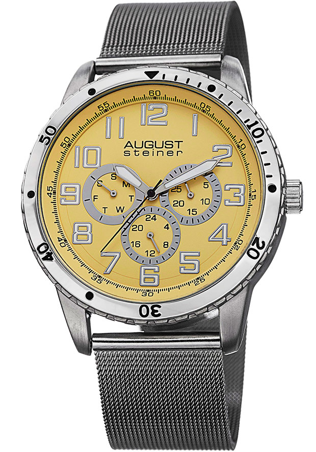 Men's Silver-Tone Stainless Steel Yellow Dial - August Steiner Watch