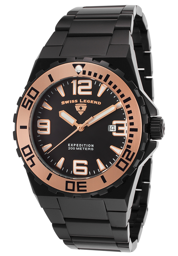 Expedition Black Dial and Black Stainless Steel Bracelet Rose-Tone Accents - Swiss Legend Watch