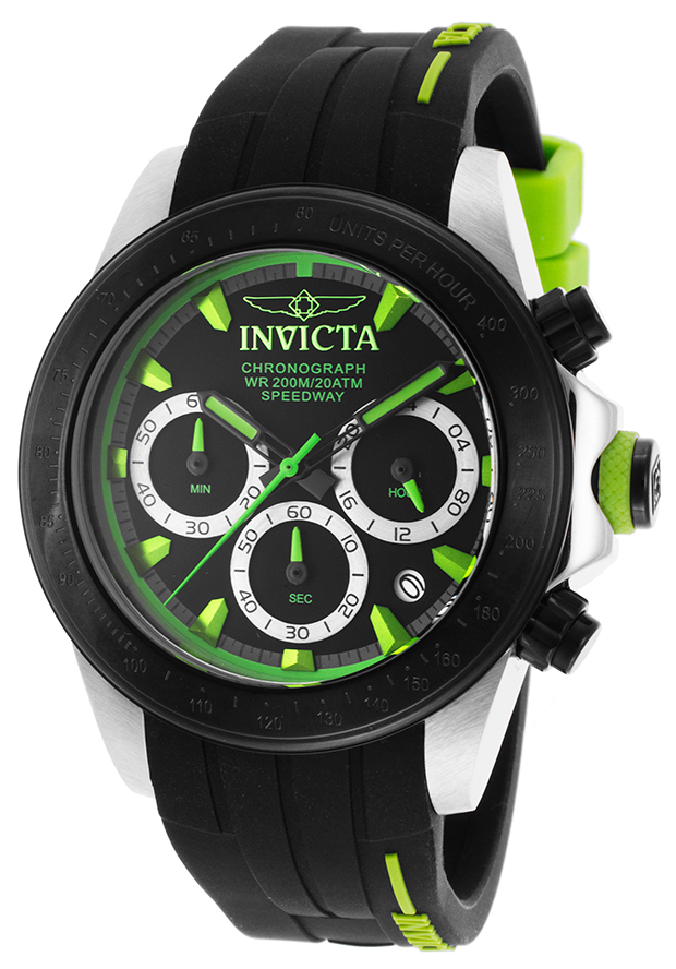 Men's Speedway Black Silicone Chronograph Black and Light Green Dial - Invicta Watch