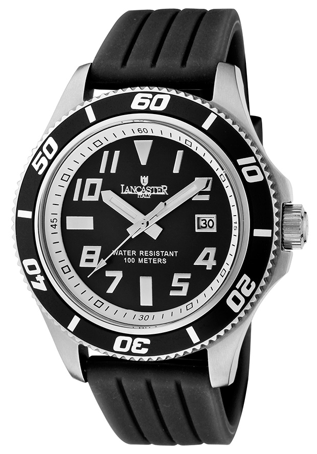Lancaster Italy Watches Men's Black Rubber and Dial Stainless Steel Case White Accents