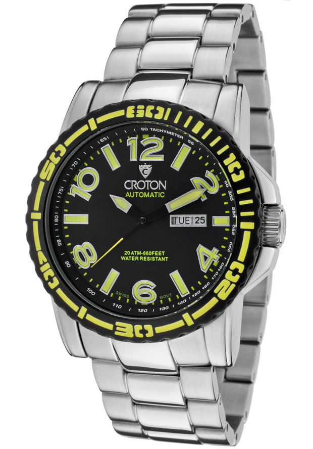 Men's C-Monster Auto Stainless Steel Black Dial Yellow Accents - Croton Watch
