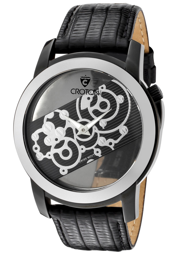 Men's Circuit Breaker Black Textured/See Thru Dial Black Genuine Leather - Croton Watch