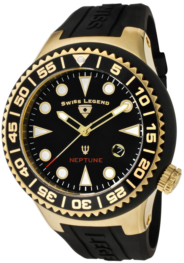 Men's Neptune Black Dial Gold Tone Case Black Silicone - Swiss Legend Watch
