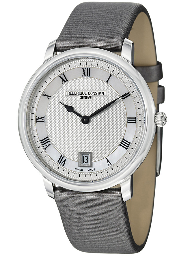 Women's Slim Line Grey Satin & Genuine Leather Silver-Tone Dial - Frederique Constant Watch