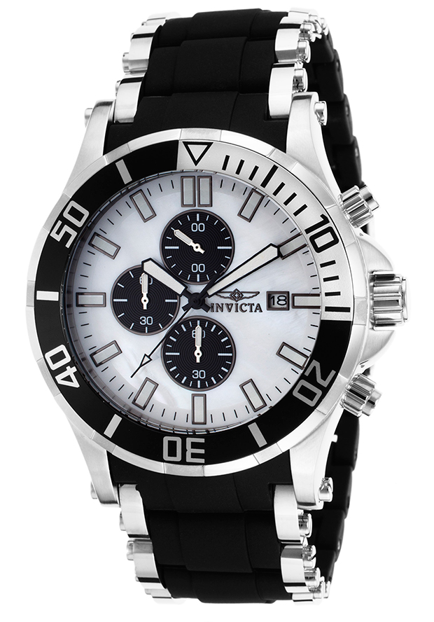 Men's Sea Spider Chrono Black Polyurethane & Silver-Tone Steel Bracelet White MOP Dial - Invicta Watch