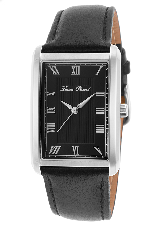 Avignon Black Genuine Leather Black Dial Silver-Tone Case - Lucien Piccard Watch