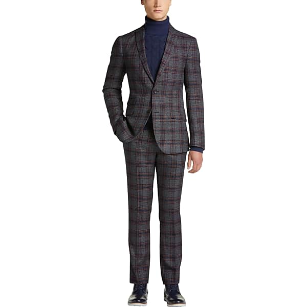 Paisley & Gray Men's Slim Fit Suit Separates Coat Navy & Burgundy Red Plaid - Size: 42 Regular