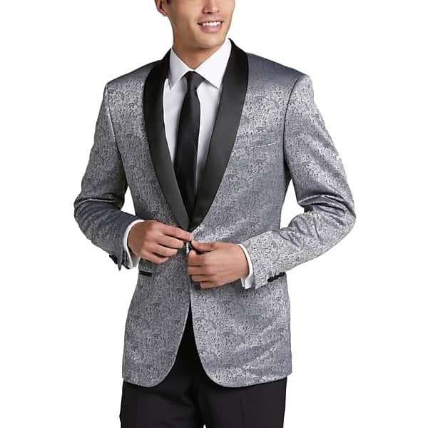 Egara Men's Slim Fit Shawl Lapel Dinner Jacket Silver Jacquard - Size: 38 Regular