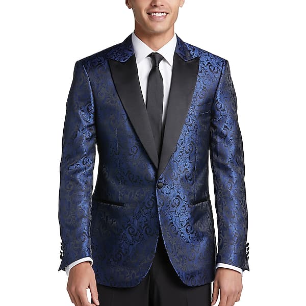 Egara Men's Slim Fit Peak Lapel Dinner Jacket Blue Paisley - Size: 46 Regular