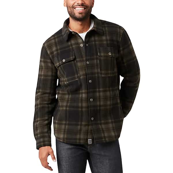 Free Country Men's Slim Fit Shirt Jacket Dark Olive Green Plaid - Size: Medium