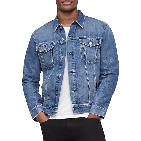 Calvin Klein Men's Modern Fit Essential Trucker Jacket Medium Blue Stonewash - Size: Small