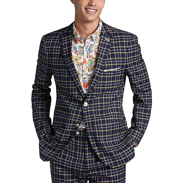 Paisley & Gray Men's Slim Fit Suit Separates Jacket Navy and Yellow Check - Size: 42 Long